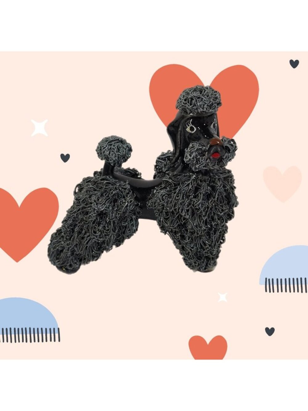 MCM Spaghetti Poodle Standing Dog Figurine Black Base Gray Fur 1950's